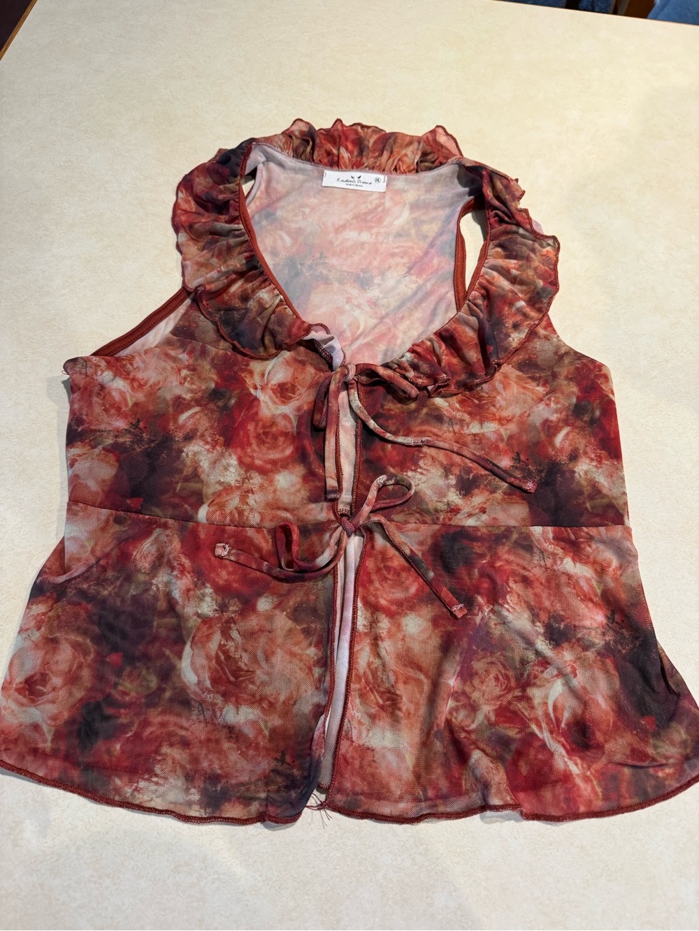 Ruffled Tie-Front Sleeveless Blouse in Burnt Red Floral